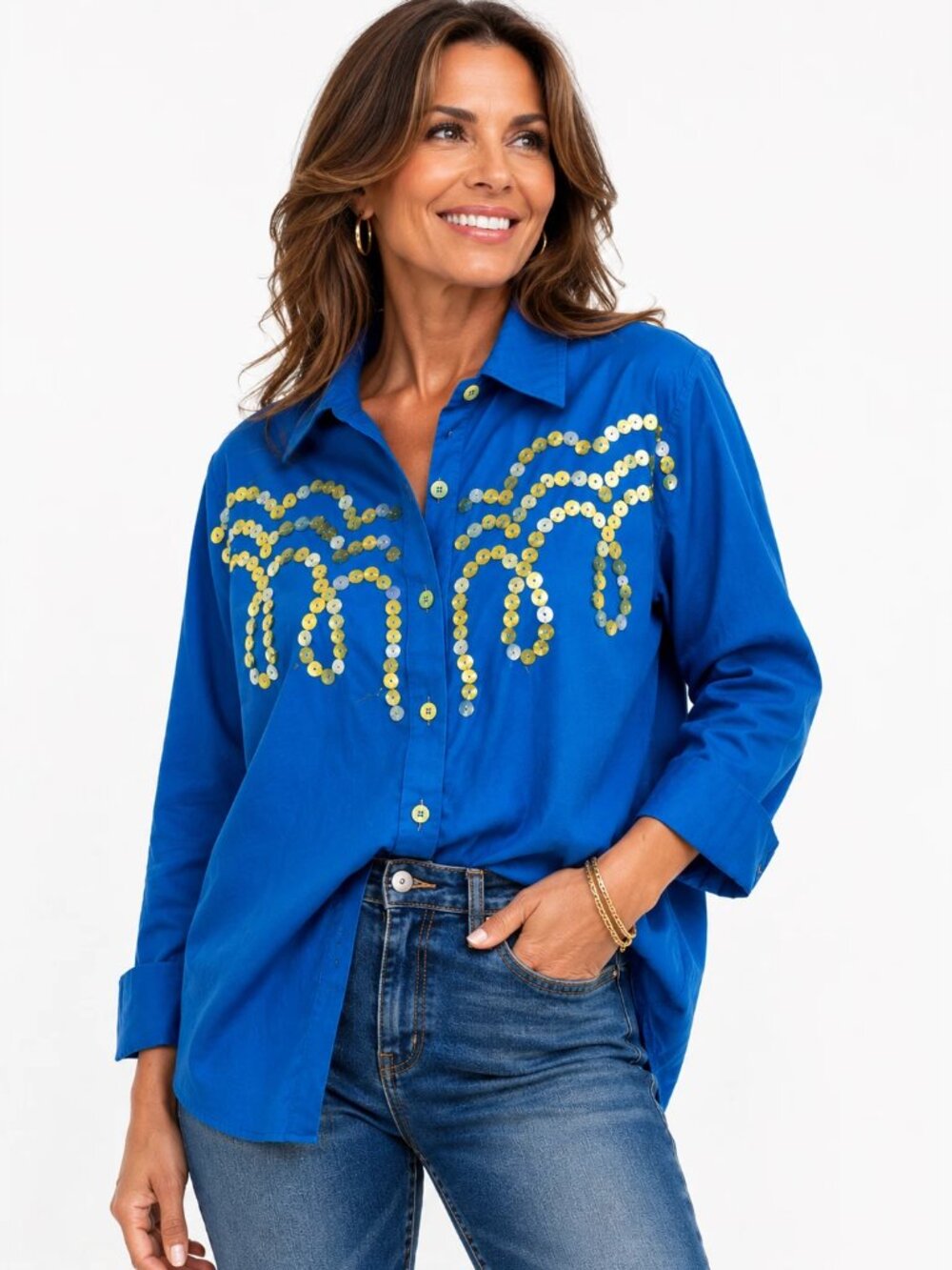 Bob Mackie Wearable Art Western Shirt L Royal Blue Gold Pearl Buttons Vntg-Style